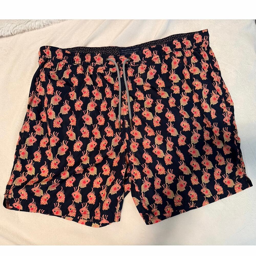 Scotch & Soda Swim Trunks 5” inseam Navy Cockatoo Print Size Large